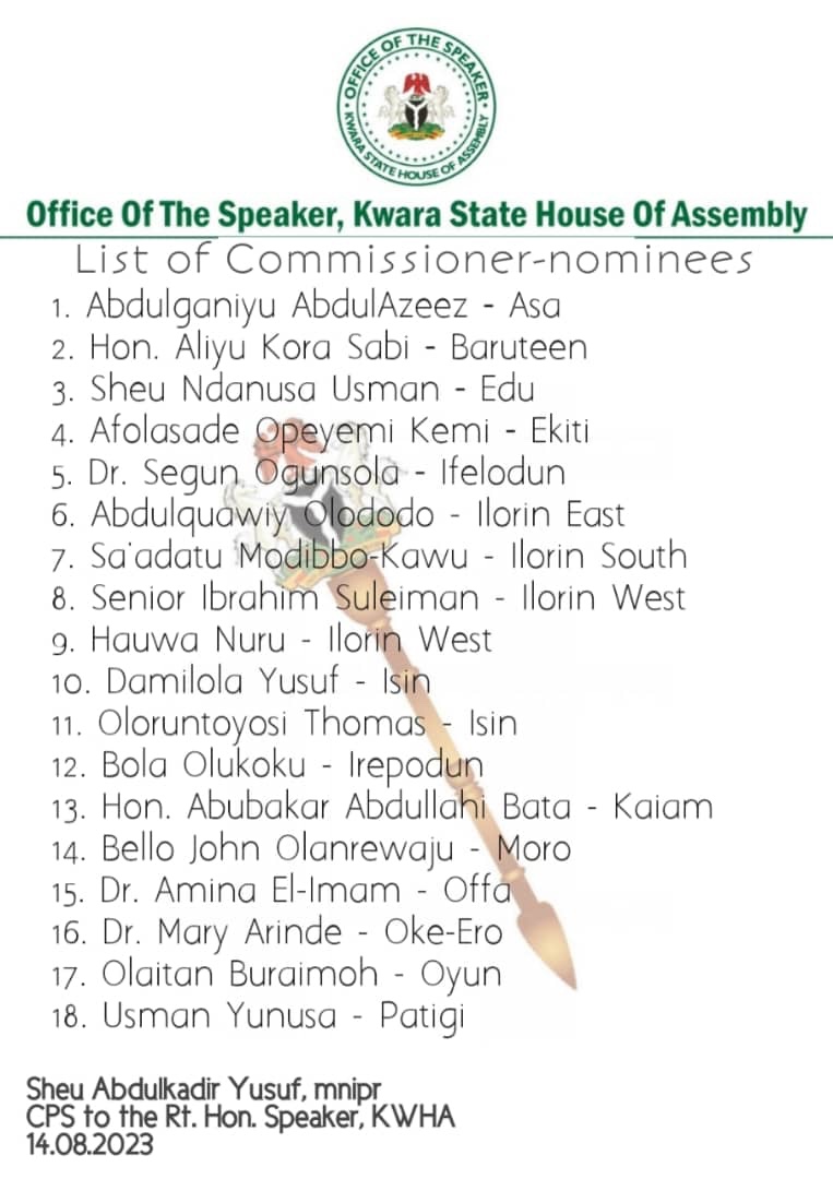 Four ex commissioners, 14 others, makes cabinet nominees list to Kwara Assembly