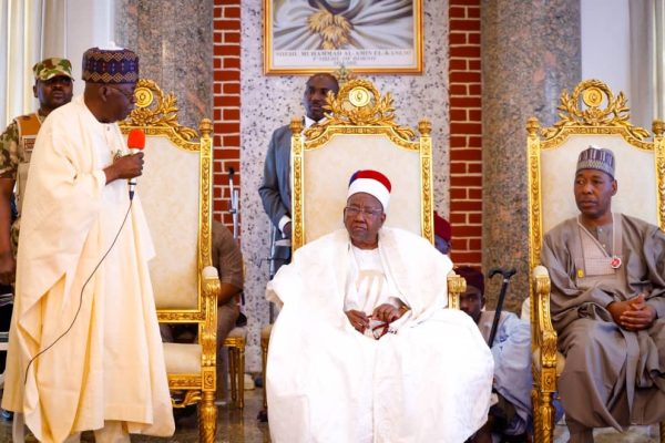 BORNO VISIT: PRESIDENT TINUBU GRIEVES OVER KADUNA BOMB VICTIMS AT SHEHU’S PALACE