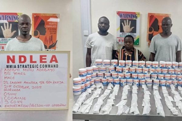 Three arrested as NDLEA intercepts UK-bound cocaine consignment hidden inside cream containers